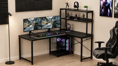 Image of Reversible L Shaped Computer Desk with Storage Shelves | Wooden Corner Study Table with Black Metal Frame | Home Office Workstation Desk | Table for Computer Setup| Black |130x50x150 cm