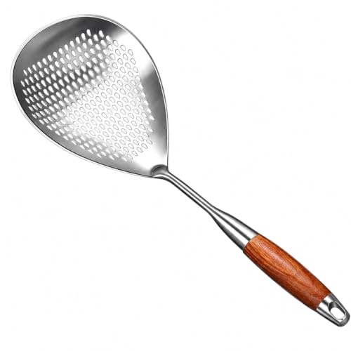 Image of 304 Stainless Steel Cooking Skimmer Jhara with Long Wooden Handle, Heavy Duty Spider Strainer Slotted Spoon for Deep Frying, Oil Draining, Pasta, Noodles, Pakora, Puri & Fries Cooking (Pack of 1)
