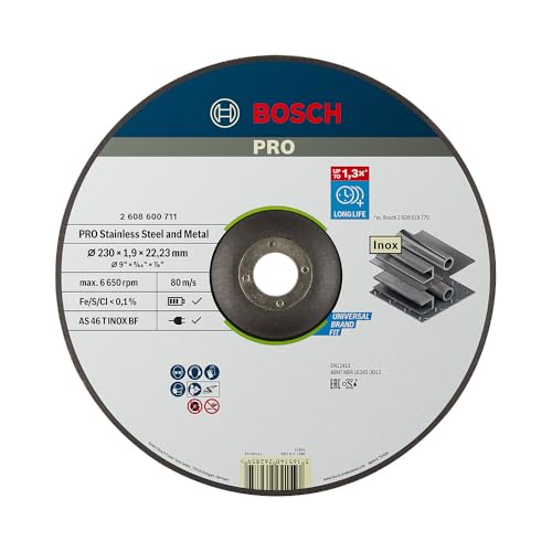 Bosch 1x Mola da taglio PRO Stainless Steel and Metal di lunga durata grandi, foro 22,23 mm (per Acciaio, Acciaio inossidabile, Ø 230 mm, Professional Accessorio Smerigliatrice angolare grande)