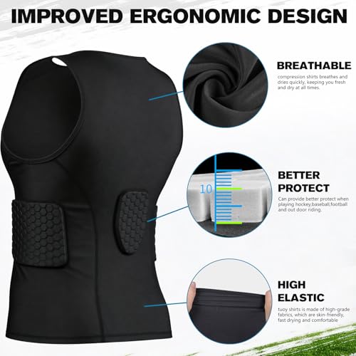Eicolorte Adult Padded Compression Shirt Training Vest (3-Pad) Sleeveless T-Shirt Ribs, Back Protector Tank Football Soccer Basketball Hockey Protective Gear - Thumbnail 5