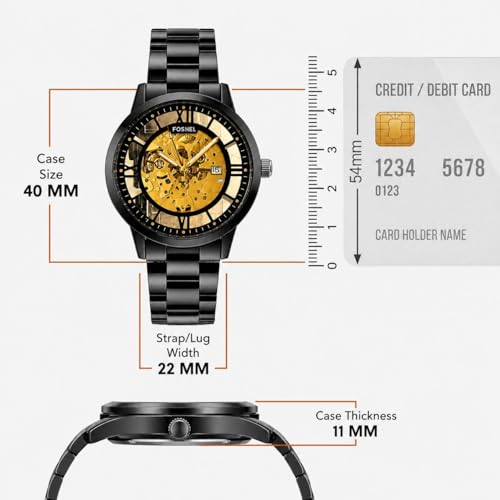 Image of Foshel Skeleton Mechanical Men's Watch, Black Stainless Steel Bracelet, 40MM Case, Analogue Display, Water Resistant