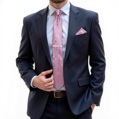 Image of DiBanGu Silk Floral Ties for Men Woven Paisley Necktie and Tie Clip Handkerchief Cufflinks Set for Party Wedding