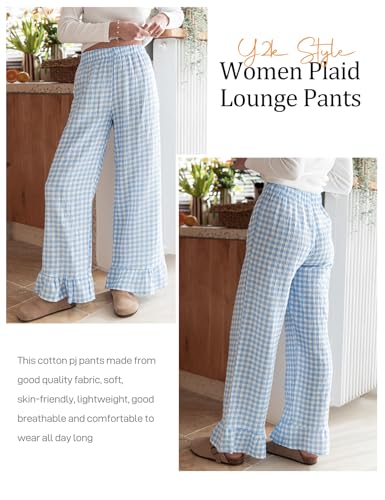 Flygo Women's Gingham Pants Y2K Cotton Wide Leg Ruffle Hem Lounge Pants Plaid Elastic Wasited Trouser with Pockets(Blue-S)3