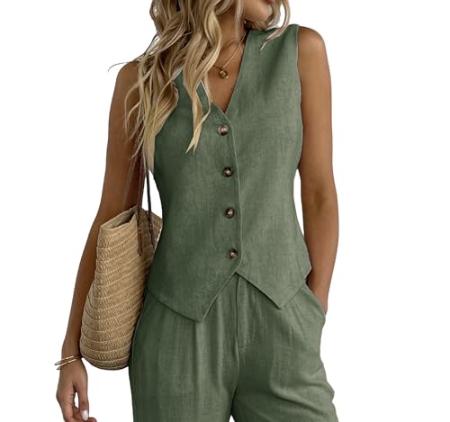 Women's Linen Vest V Neck Button Down Business Work Vacation Sleeveless Blazer Waistcoat Jacket, Green, X-Small