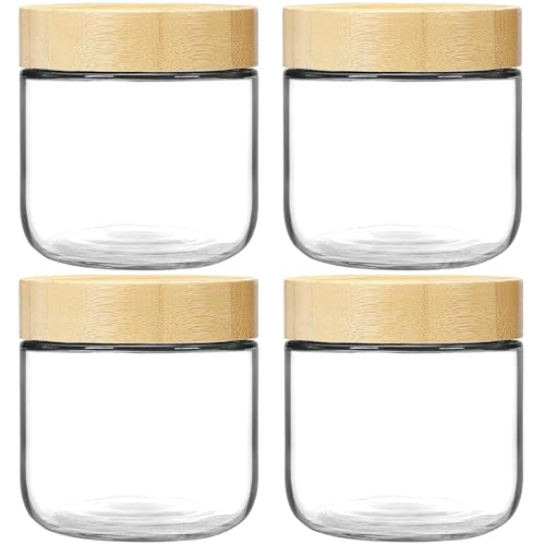 Hikrxya 4 Pack Glass Overnight Oats Containers with Bamboo Lids - 300ml Wide Mouth Mason Jars for Yogurt, Snacks, Spices, Sugar, and Fruit