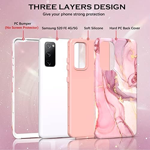 YINLAI Samsung Galaxy S20 FE Case Marble Pattern 3 in 1 Full Body Rugged Hard PC Back Cover, Soft Silicone Drop Shockproof Protection Girly Women Case for Samsung Galaxy S20 FE, Rose Gold Pink
