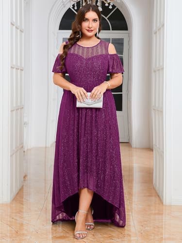 ZOMVA Plus Size Sparkly Mesh Maxi Dress Cold Shoulder Ruffle Sleeve High Low A Line Dresses Wedding Guest Cocktail Party4