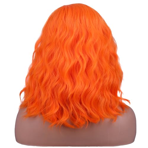 Image of BERON Orange Wigs for Womens Short Curly Wavy Wig Girls Bright Orange Colorful Side Part Wigs Shoulder Length Heat Resistant Synthetic Cosplay Party or Daily Use Wig