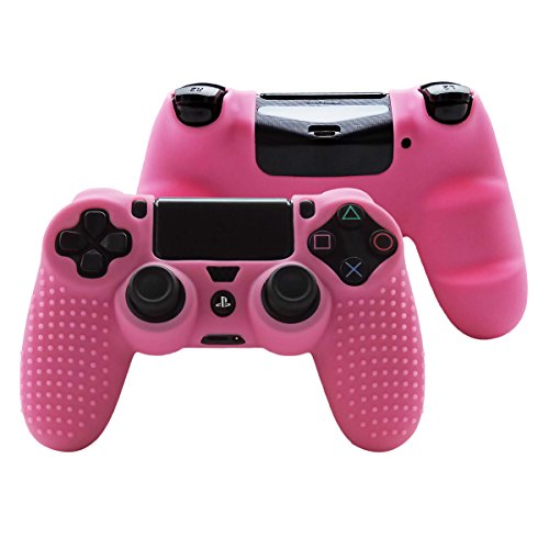PS4-Controller-Griffe, Pandaren-Nieten, rutschfeste Silikonhülle, kompatibel mit PS4/Slim/Pro-Controller (1 x rosa Controller-Skin + FPS Pro Daumengriffe) Cover