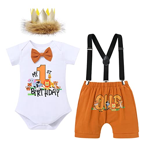 FYMNSI Dschungel Baby Jungen 1. Geburtstag Party Outfit Waldtier Baumwolle Kurzarm Strampler Body Shorts Hosenträger König Krone Hut Bekleidungsset Fotoshooting Kostüme 4tlg Braun 12-18 Monate