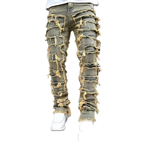 Mens Stacked Jeans Slim Fit Ripped Skinny Stretch Jeans Distressed Straight Denim Pants Hip Hop Trousers Streetwear