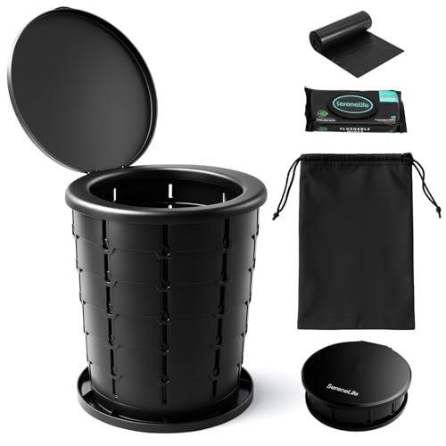Image of SereneLife Foldable Toilet Seat for Camping, Adjustable Height Portable Travel Potty with Lid, Carry Bag, Non-Slip Base, 331 lbs Capacity + 3-Pack Flushable Wipes, for Car, Hiking, Outdoor Use, Black