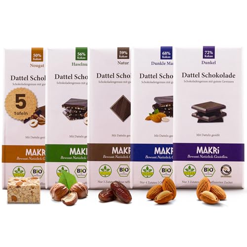 MAKRi BIO Dattel Schokolade Probierpaket (5 Sorten) | Mit Datteln Gesüßt | Dattelschokolade Ohne Raffinierten Zucker | Vegane & Dattelsüsse Bio Fair Gehandelt (5)