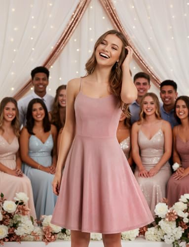 Image of Bbonlinedress Spaghetti Straps Sparkly Homecoming Dress Fit and Flare Glitter Mini Swing Semi Formal Prom Party Club Dress