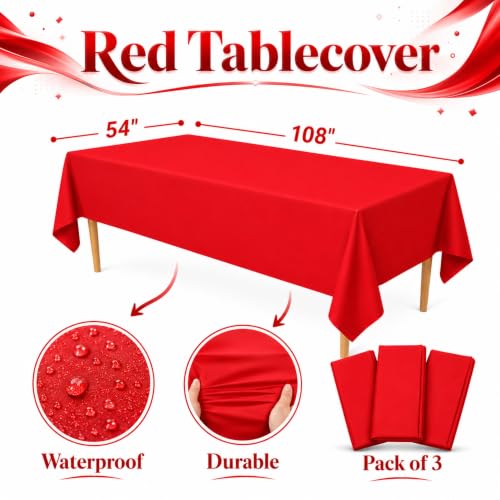 Image of Blue Orchards Red Plastic Table Cover (Pack of 3 with 20 Glue dots) - 54 inch x 108 inch - Bright Red Waterproof Disposable Tablecloth, Birthday, Baby Shower, Party Supplies, Graduation, Holiday Decorations