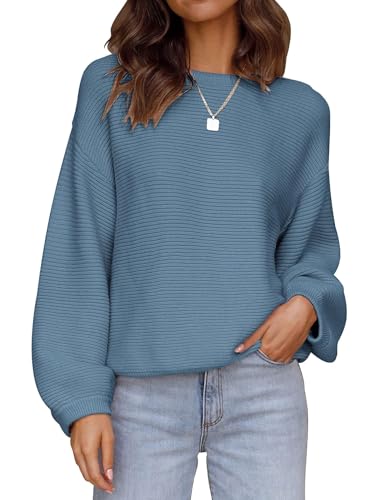Image of ZESICA Women's Crew Neck Long Lantern Sleeve Fall 2026 Casual Loose Ribbed Knit Solid Soft Pullover Sweater Tops