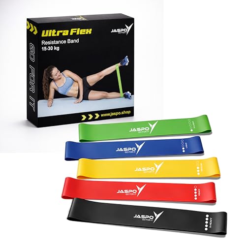 Image of JASPO Ultra Flex Resistance Bands Set of 5 - Mini Loop Latex Exercise Bands for Booty, Hip, Glutes & Legs Workout | Stretch Bands for Yoga, Pilates, Squats, Strength Training & Home Gym | Multicolor