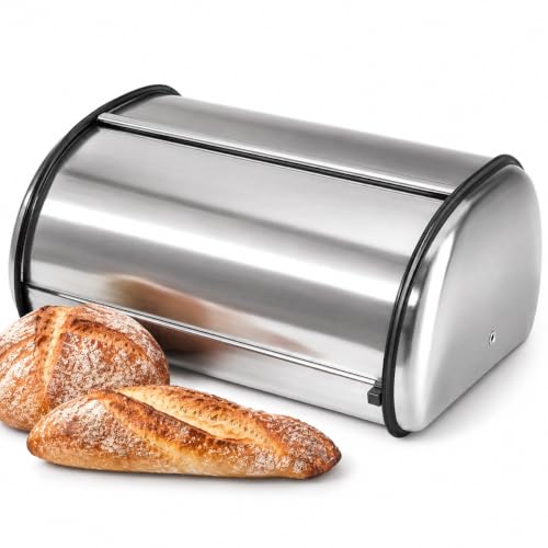 Oggi Stainless Steel Roll Top Bread Box for Kitchen Countertop with Stainless Steel Lid - Fits Multiple Large Loaves of Bread and Other Freshly Baked Goods Including Cookies, Bagels, Muffins