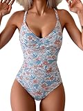 B2prity Women's One Piece Swimsuits Tummy Control Front Cross Bathing Suits Tie Back Slimming V Neck Swimwear Pink Floral