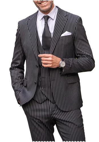 Mens Pinstripe 3 Piece Suit Slim Fit Business 2 Button Blazer Vest Pants Set Wedding Party Tuxedo