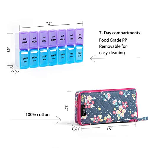 Image of Weekly Pill Organizer 2 Times a Day, Zumd Pill Box 7 Day with Cute Quilted Fabric Zipper Case, Travel Pill Case Am Pm for Vitamin Medicine Organizer