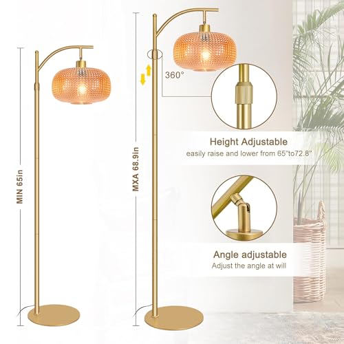Image of Glass Floor Lamp for Living Room with Amber Glass Lampshade&Remote Control | Dimmable Modern Standing Lamp with 12W LED Bulb, Tall Lamp for Bedroom