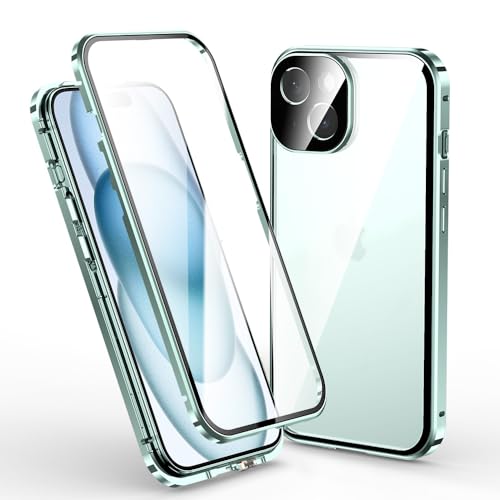 Coque iPhone 15 magnétique intégrale verte 360 degrés verre trempé et cadre métal