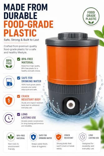 Image of Plastic Water Jug | Food Grade | Insulated Water jug Cool Chilled Water Camper jar (Grey & Orange, 15 litres)