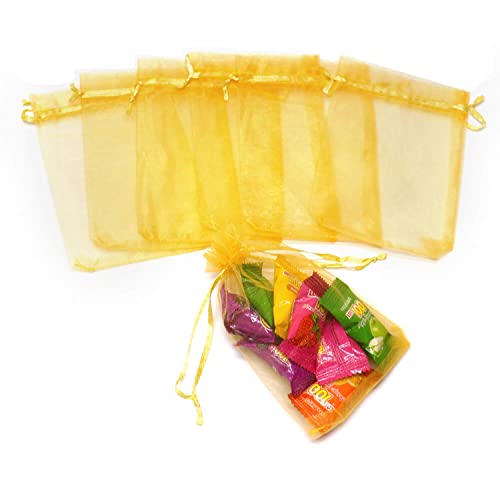 Image of 100Pcs Gold Organza Bags 4x6 Inch, Small Mesh Jewelry Drawstring Gift Bags, Christmas Wedding Party Favor Candy Pouches