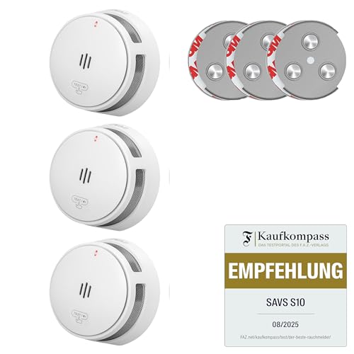 SAVS S10 Stand-Alone-Rauchwarnmelder - Integrierte 10-Jahres-Batterie - Optischer Doppelsensor - Fernbediente Mute-Funktion - Magnetische Montage ohne Bohren - Schlankes Design - Weiß - 3er Set