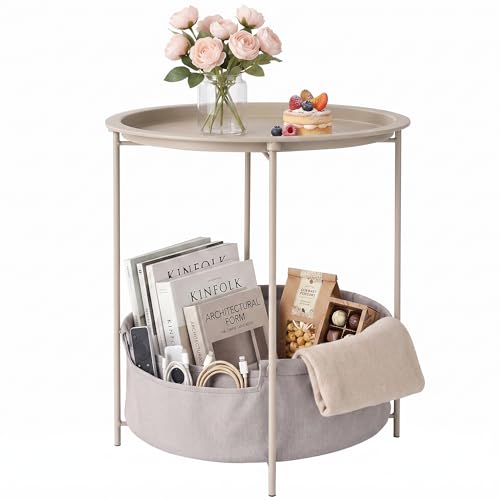 VECELO Round Side/End Table with Fabric Storage Basket，Metal Anti-Rust and Waterproof Small Bedside Nightstand with Removable Tray Top for Living Room，Balcony & Laundry，Grey /1pcs with Basket