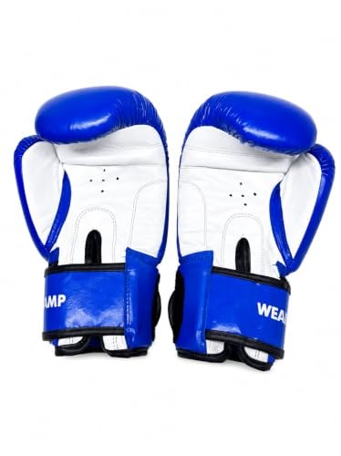 Image of ACE Genuine Leather Boxing Gloves | Adult Training Gloves for Sparring | Shock Absorbing Padding | Secure Wrist Strap | Punching Bag Workout | Blue | 8 oz