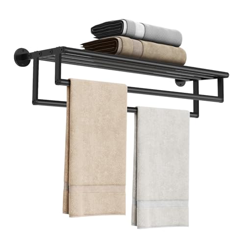 Double Towel Racks for Bathroom 24Inch Double Towel Bar with Shelf Towel Tack with Shelf Wall Mount Towel Holder Stainless Steel Towel Rod(Matte Black)