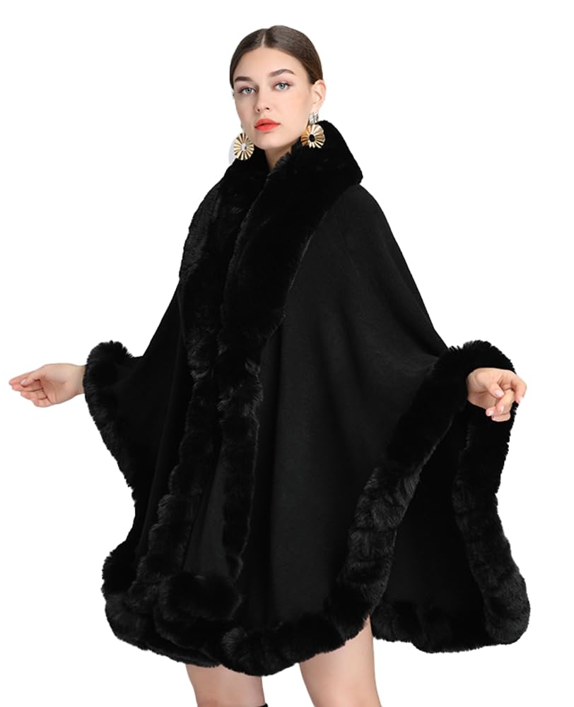 Women Poncho Cape Faux Fur Collar Knitted Cardigan Sweater Batwing Long Sleeve Shawl Wrap Coat Oversized Cloak