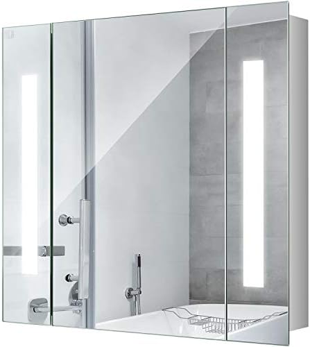 DANGJIN 25 x 23 Inch LED Lighted Bathroom Medicine Cabinet with Mirror, Aluminum Surface Led Medicine Cabinet, Adjustable Glass Shelves, Waterproof and Rust-Resist, Wiring Power Supply, On/Off Button