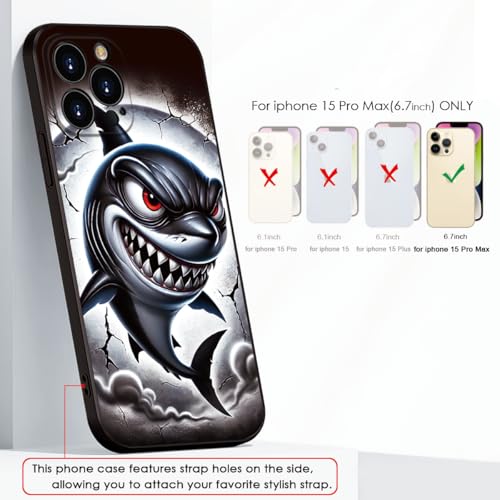 Printed Shark Pattern for iPhone 15 pro max Case, Printed Fierce Red-Eyed Shark Cartoon Silicone Soft Shockproof case,for Girls & Women & boy & Men (B1-Cartoon Shark-Cool)