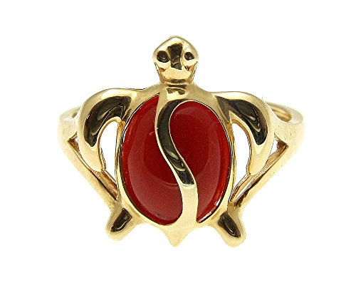 Genuine natural red coral ring Hawaiian honu turtle solid 14k yellow gold size 5 to 124