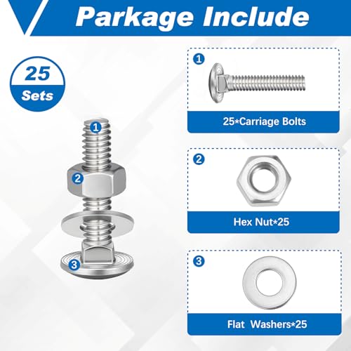 Image of Zonon 25 Sets 3 /8-16 x 1-1 /2 Stainless Steel Carriage Bolts and Nuts Kit Round Head Square Neck Carriage Bolts Screws and Hex Nuts and Flat Washers, Stainless 18-8 Full Thread Coverage (Silver)