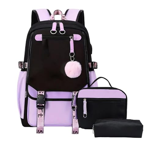 School Backpack for Girls Color-block School Bag with Lunch Box Pencil Case Set 3PCS Girls Backpack for School Kids Bookbag with USB Charging Port