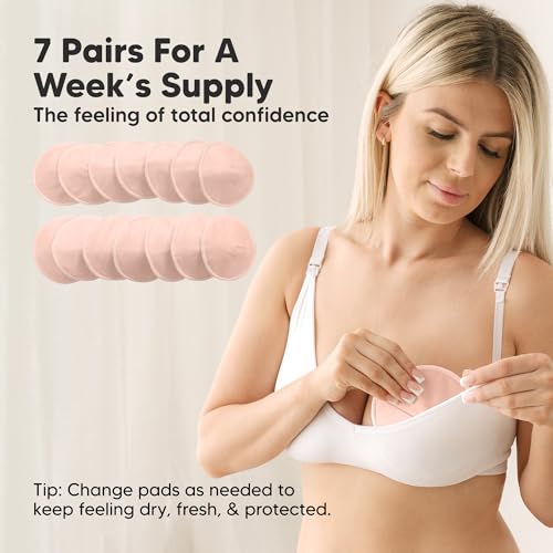 Image of Organic Nursing Pads - 14 Washable Breast Pads for Breastfeeding, Wash Bag, Viscose Derived from Bamboo Reusable Nipple Covers for Breastfeeding Essentials, Soft & Absorbent(Pink Sand, L 5 inch)