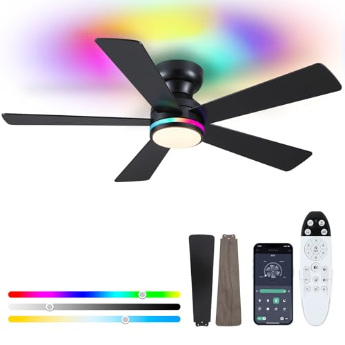 Black RGB Ceiling Fans with Lights - 46" Flush Mount Ceiling Fan with Remote APP, RGB+3CCT Dimmable Led Light, Reversible 6 Wind Speeds&2H Timer, Low Profile Modern Fan Light Fixture for Bedroom Party