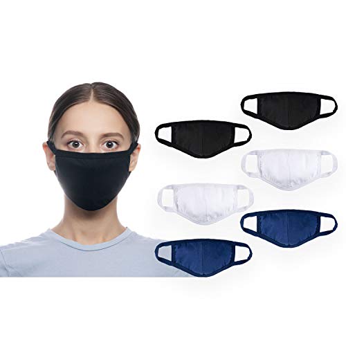 PACK OF 6, Black, Navy and White Face Masks Reusable and washable, breathable 100% cotton 2 layer, Knitted comfortable masks for Comfort and easy breath…