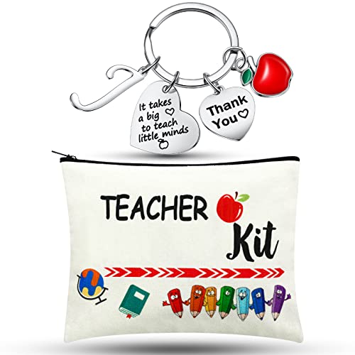 MTLEE 2 Pcs Teacher Appreciation Gift Sets 2025 Graduation Present Makeup Pouch Cosmetic Bag Thank You Keychain with Initial(J Shape)