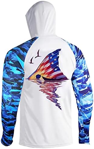 YIBIMOTTO Mens Long Sleeve UPF 50+ UV Sun Protection Fishing Shirt Outdoor Hooded Fishing Clothing Quick Dry Fishing Protection T-Shirts for Women Men Slim Fit,Redfish Tail&Flag,XXL