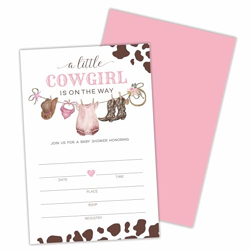 luixd 25 Pcs Little Cowgirl Baby Shower Invitation Cards With Envelopes, Baby Clothes Invites For Baby Shower, Gender Reveal, Baby Announcement, Party Favor & Accessories(Pink) - D11