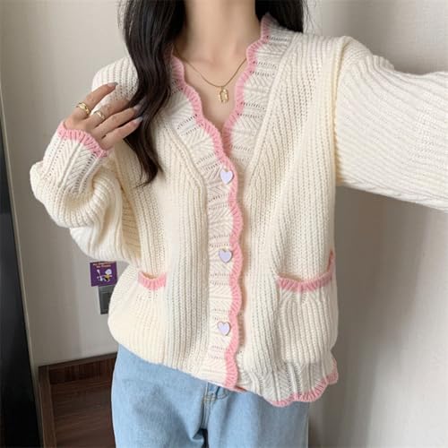 FindThy Women’s Cute Cardigan Sweater Kawaii V-Neck Long Sleeve Heart Button Color-Blocked Knit Outerwear4