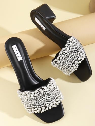 Image of ELLE Women's Elegant Pearl Sandal Beaded Low Heel Sandals for Special Occasions
