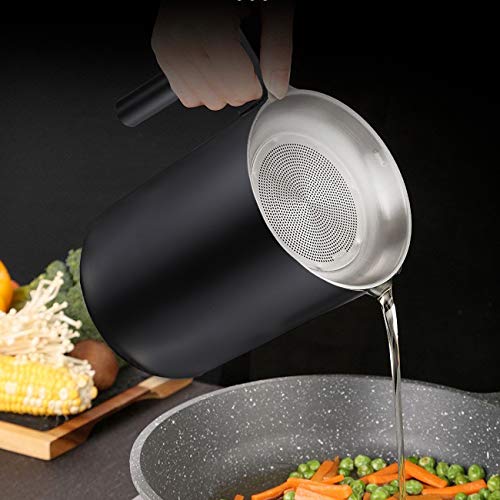 Eglaf 1.8L Stainless Steel Grease Strainer - Oil Container With Removable Filter - Dustproof Lid, Dripproof Base, Anti-Scalding Handheld - Storage Can For Reusable Cooking Frying Oil, Fat (Black) #TOP5