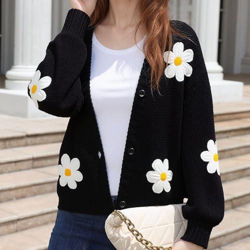Image of FindThy Women's Kawaii Strawberry Embroidered Cardigan Long Sleeve V Neck Chunky Knitted Cardigans Tops