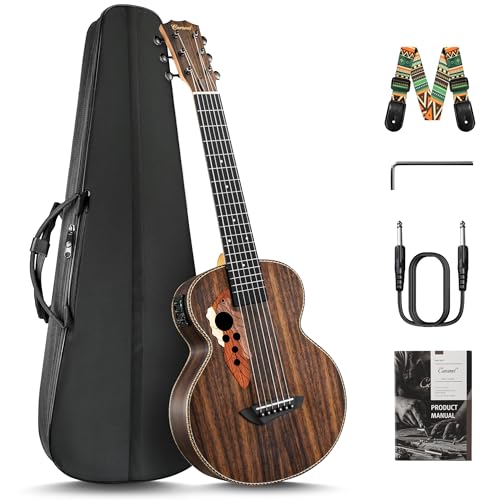 30 inch Caramel CB904G Ebony Wood Electric Guitalele Small Guitar Kit Beginner Guitarlele Starter Bundle Strings, Padded Gig Bag, Strap and Wall mount Set